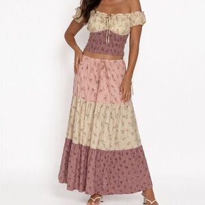 Sienna Sky Tiered Maxi Skirt in Pink, Cream & Mauve
